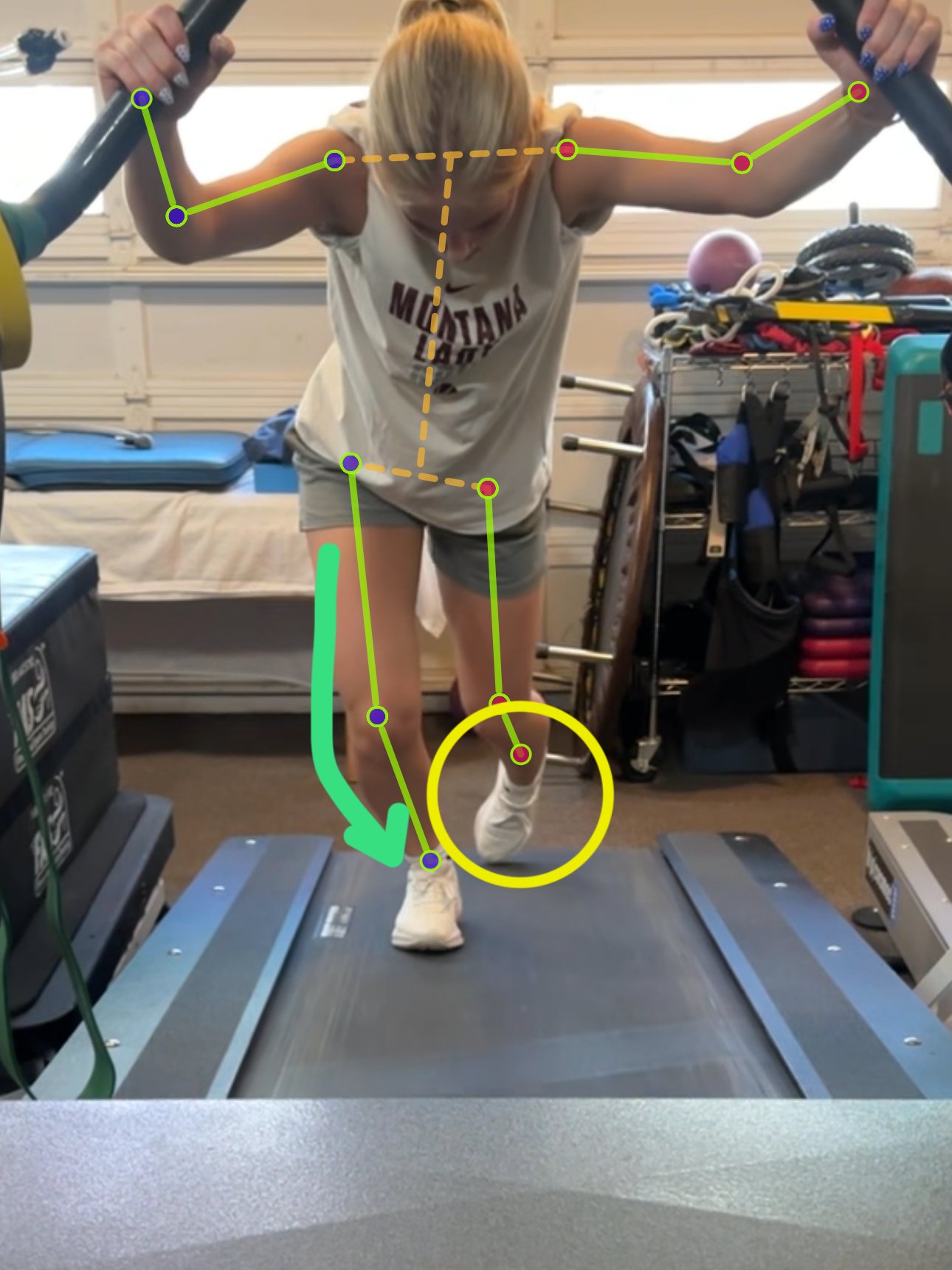 Video gait analysis on the high-speed treadmill in Missoula, with joint markers and alignment lines showing where an athlete is losing speed